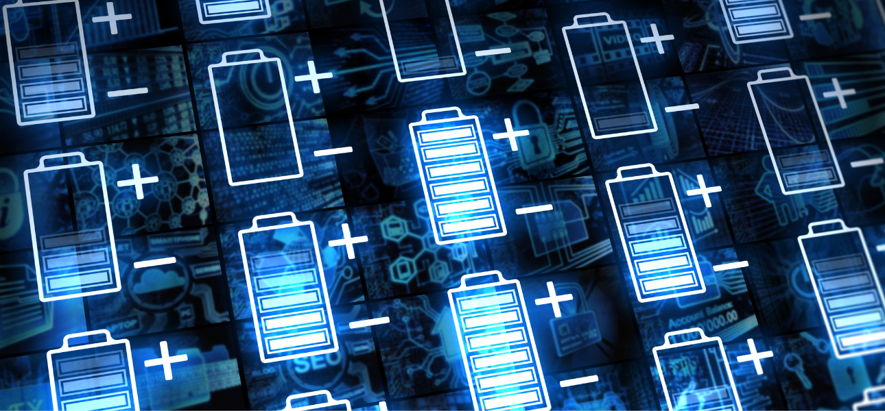 Digital illustration of numerous smartphone battery icons with glowing plus symbols, symbolizing a battery training platform.
