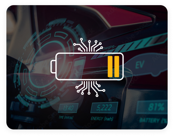 A graphic of a battery being charged. The battery is surrounded by a circuit board. The image is relevant to the online course "Digitalization in the Battery Industry" because it represents the key components of a battery and how they work together. The charging process is also represented, which is an important part of battery maintenance.