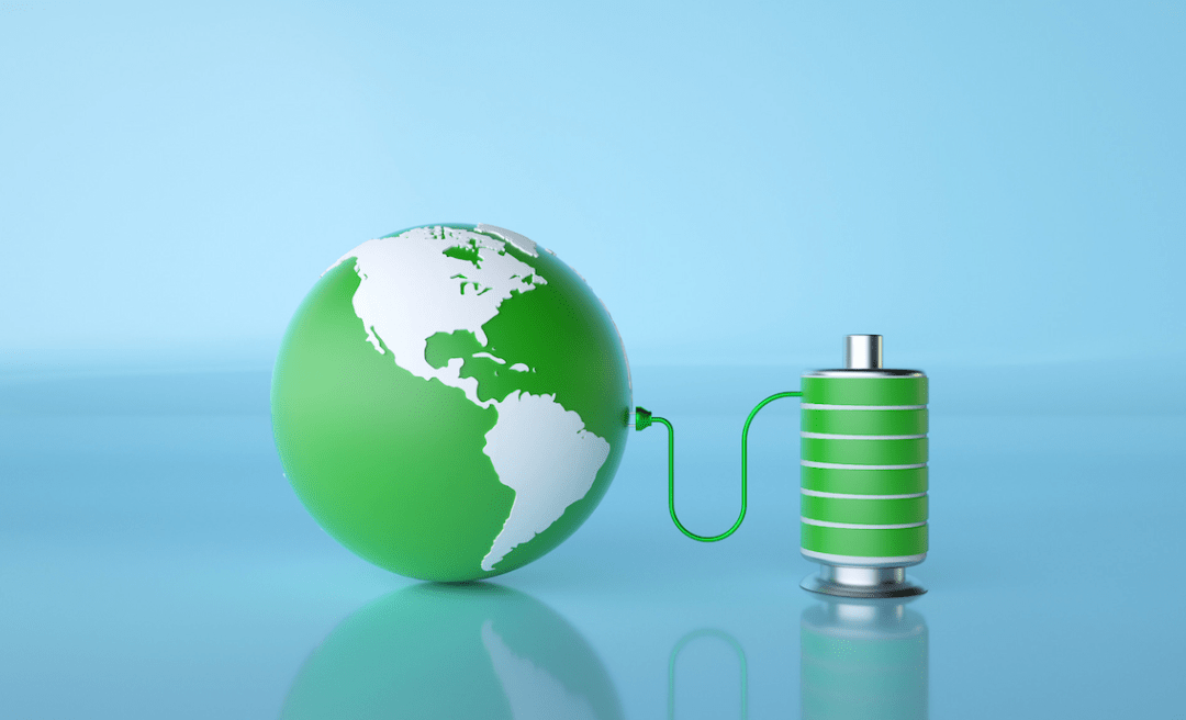 A 3D illustration of a green and white globe connected to a green battery by a cord, symbolizing the concept of sustainable energy and the development of better batteries for a greener future.
