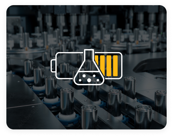 An icon of a battery superimposed on a flask representing battery cell manufacturing, with rows of cylindrical battery cells in the background, symbolizing an environment with battery cell manufacturing.