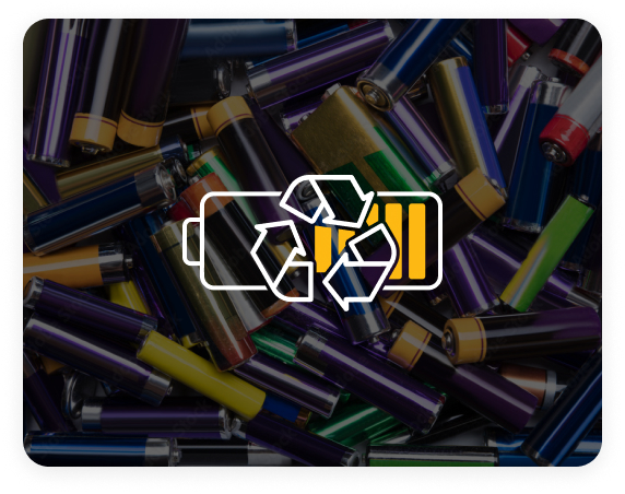 A heap of assorted colorful battery cells with a recycling symbol overlay, representing battery dismantling and recycling, indicating a focus on the recycling process in battery cell manufacturing training provided by The European Battery Business Club.