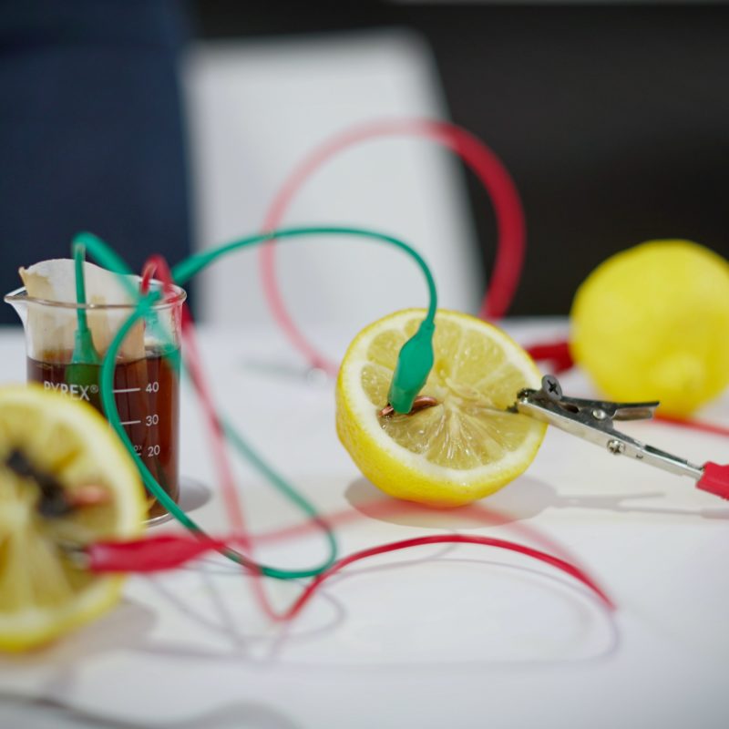 A simple scientific experiment setup showing a lemon battery with wires and alligator clips attached to a cut lemon, converting chemical energy into electrical energy.