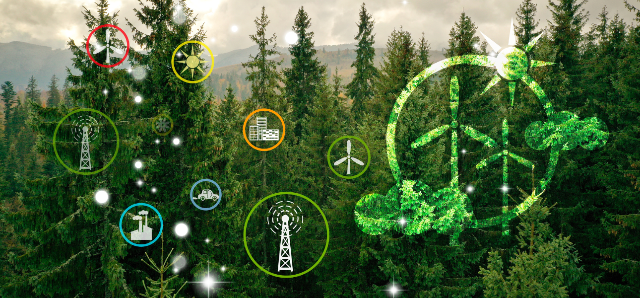 A conceptual image representing the European Battery Business Club (EBBC), showcasing a lush green forest with superimposed icons of sustainable energy sources and technologies. Highlighted are wind turbines, solar panels, and a large recycle symbol made of leaves, symbolizing the focus on eco-friendly battery training and education.
