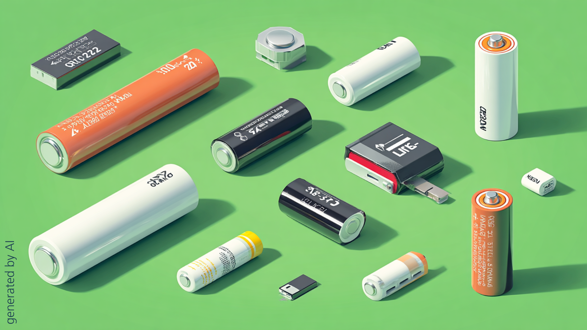 educational illustration of CR2032, 18650, and AAA rechargeable batteries on green background, labeled in clean vector diagram style