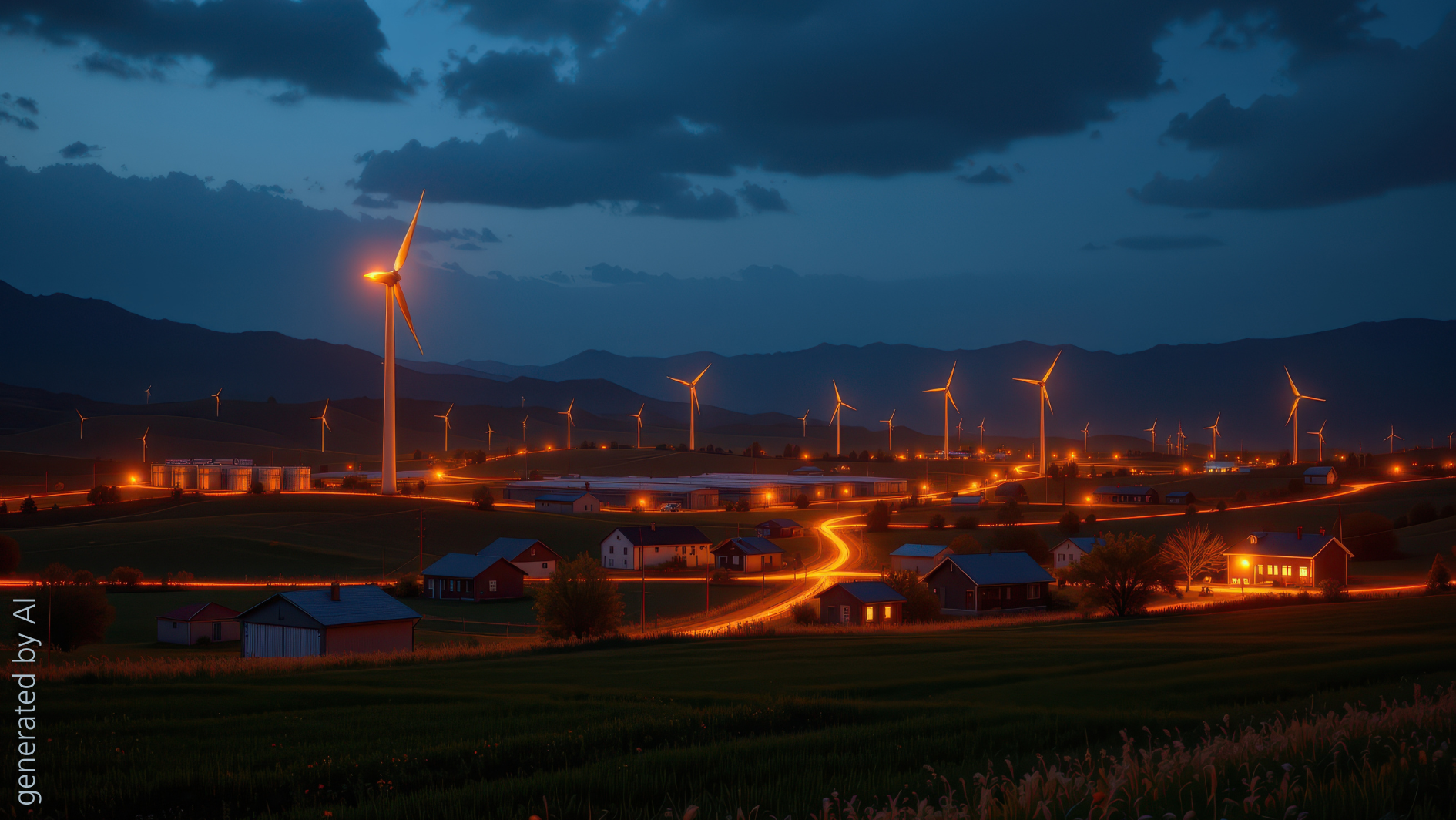 rural farming community with wind turbines and battery storage glowing, reliable power at night.