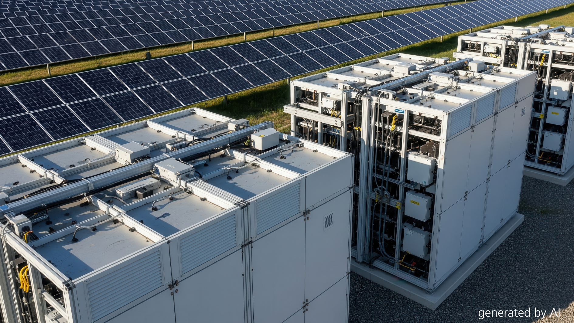 Solar farm with battery storage and photovoltaic panels generating power.