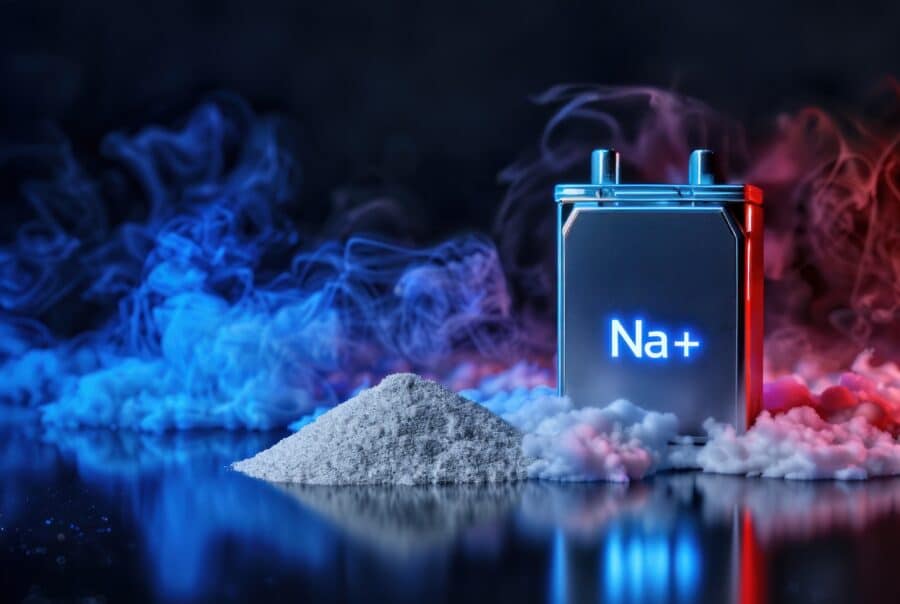 Square Na+ battery packed with white powder shows energy material concept in sodium ion batteries, na ion battery storage, and clean advanced technology.
