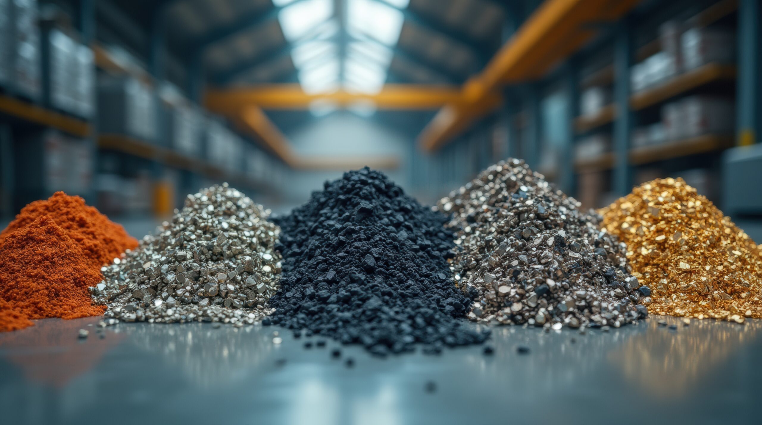 Various colored powder materials arranged in a warehouse setting.