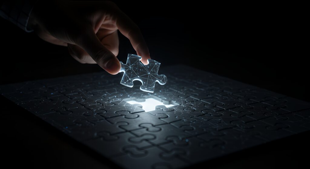 A hand holding a puzzle piece above a nearly completed puzzle, with a bright light illuminating the empty space where the piece fits.