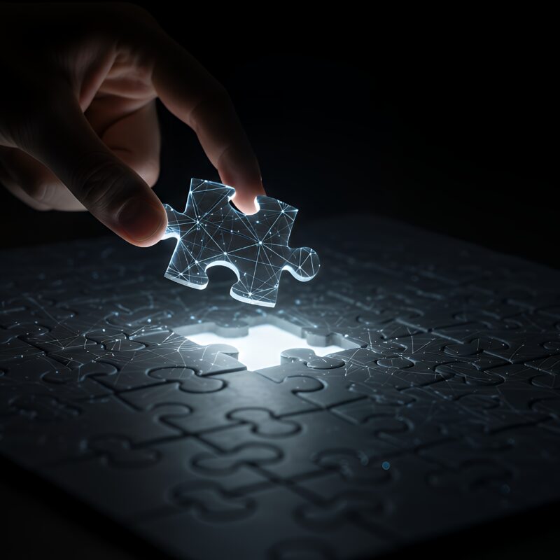 A hand holding a puzzle piece above a nearly completed puzzle, with a bright light illuminating the empty space where the piece fits.
