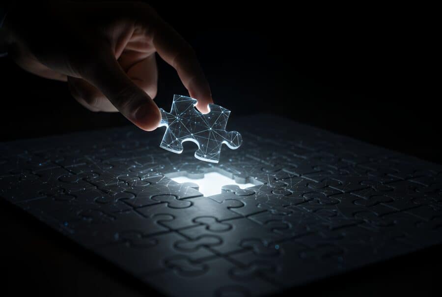 A hand holding a puzzle piece above a nearly completed puzzle, with a bright light illuminating the empty space where the piece fits.