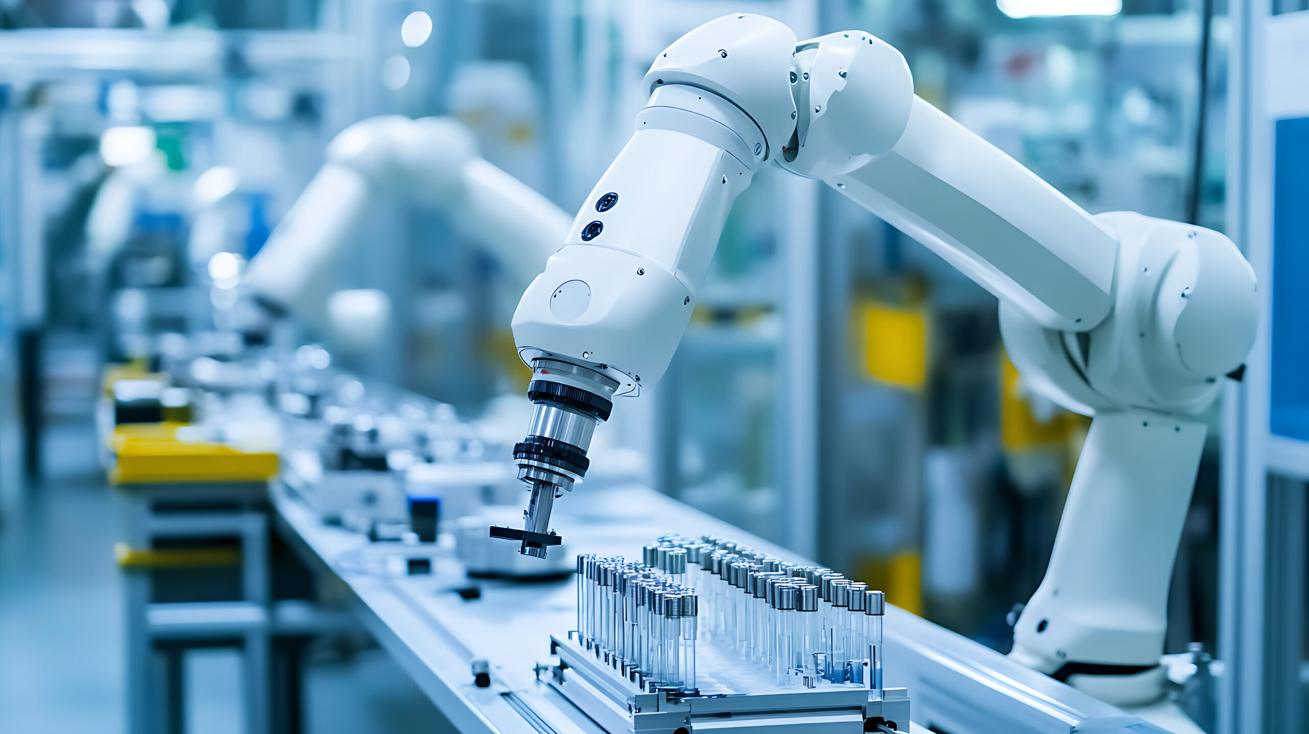 A battery expert creating robotic arms for automating assembly of electric vehicles, automotive facility with robotic arms assembling batteries