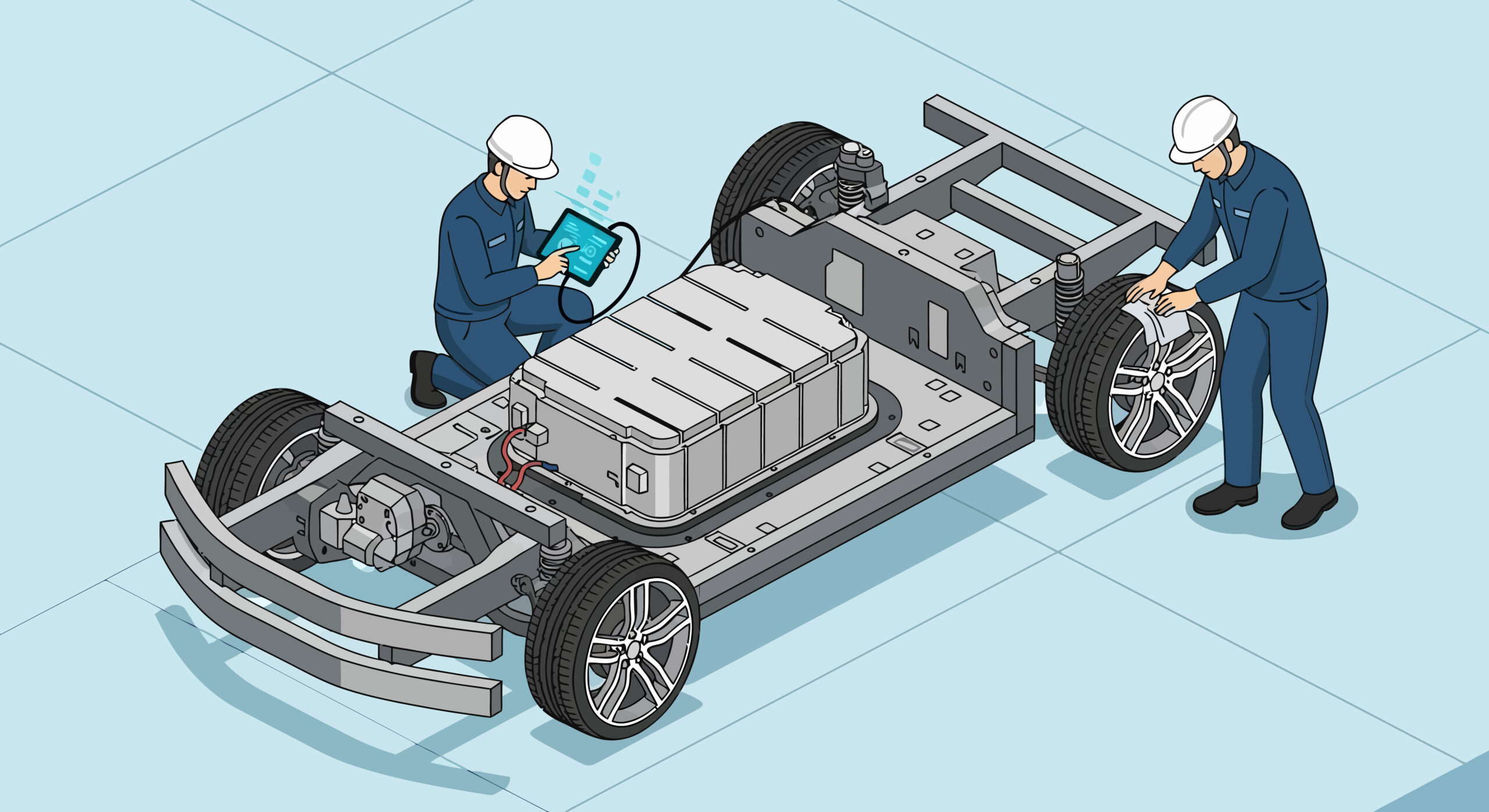 Isometric view of two technicians working on an electric vehicle chassis with battery pack and wheels.