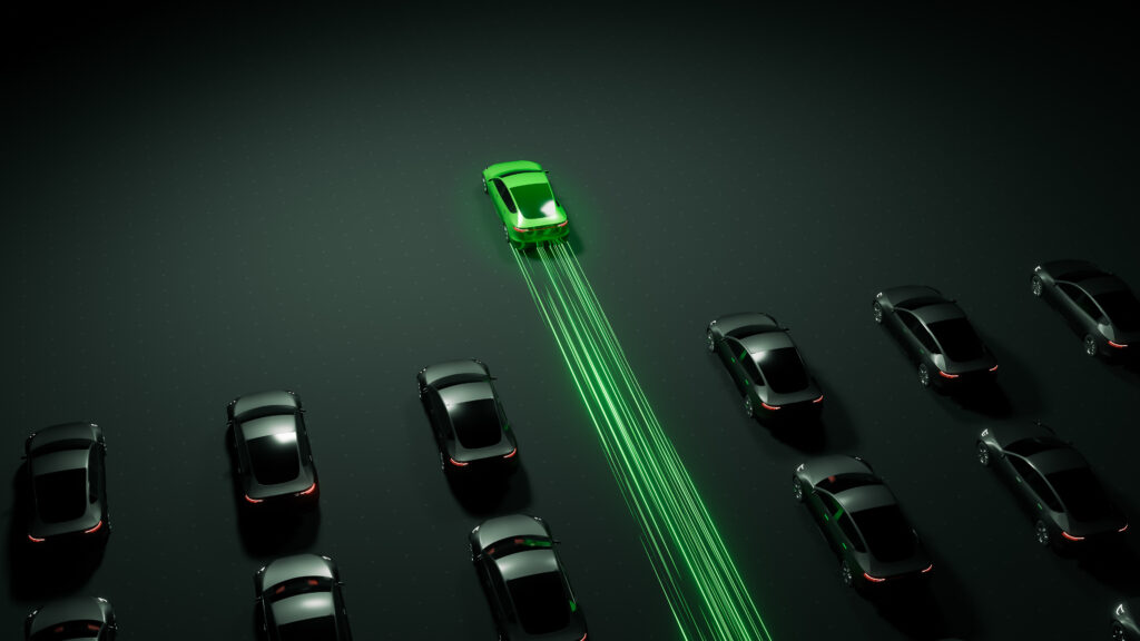 Electric vehicle green energy with zero carbon emission, ev car with green light trail power by sustainable resources, eco friendly environment concept 3d rendering