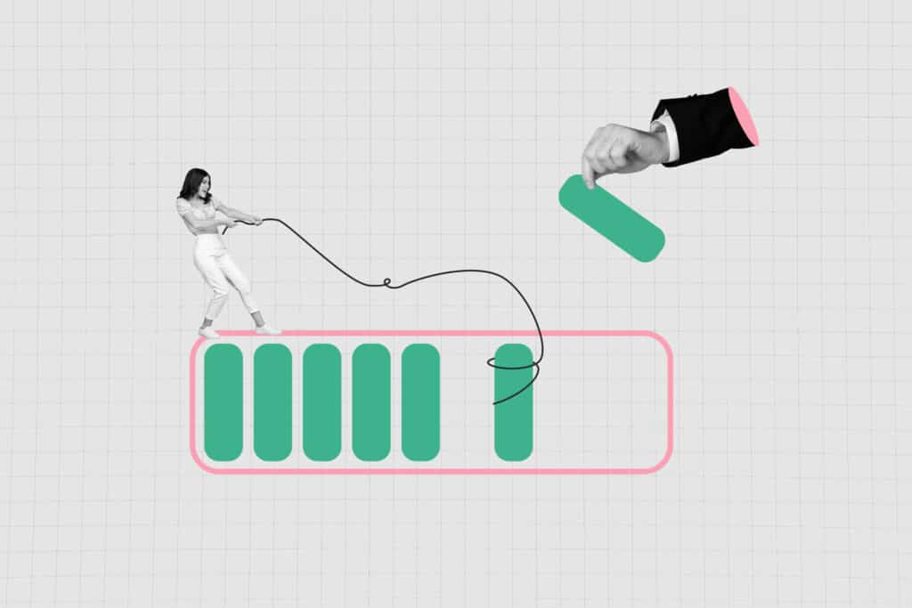 3d sketch poster trend collage of happy girl pull rope stand battery icon charge development hand success aim achievement.