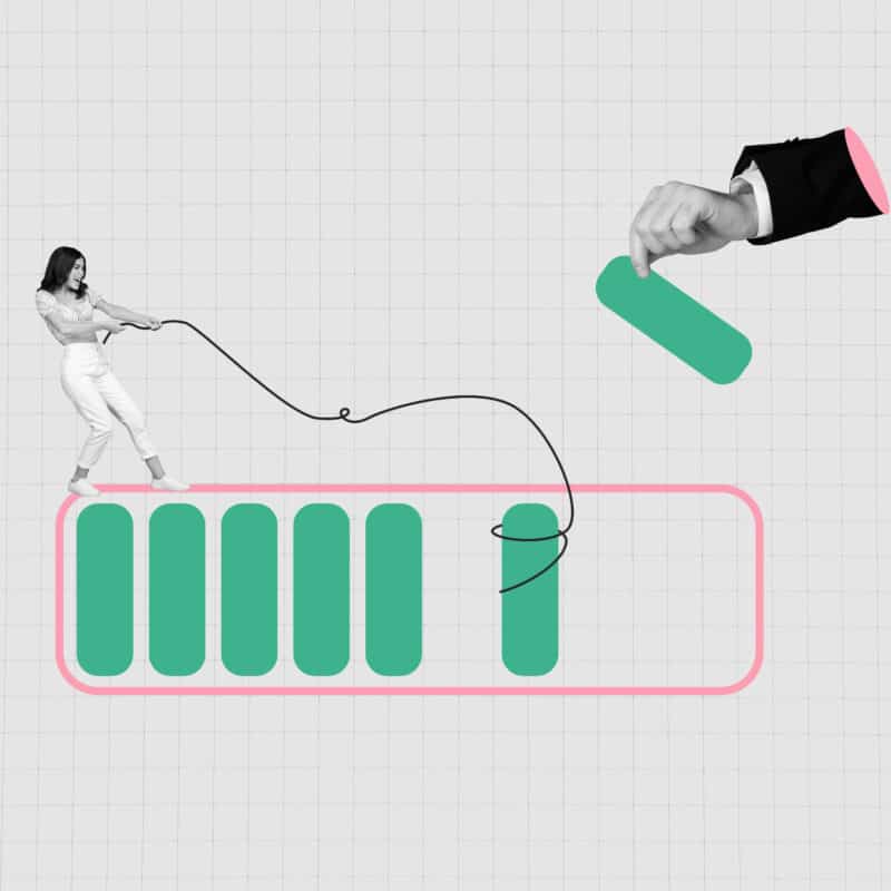 3d sketch poster trend collage of happy girl pull rope stand battery icon charge development hand success aim achievement.