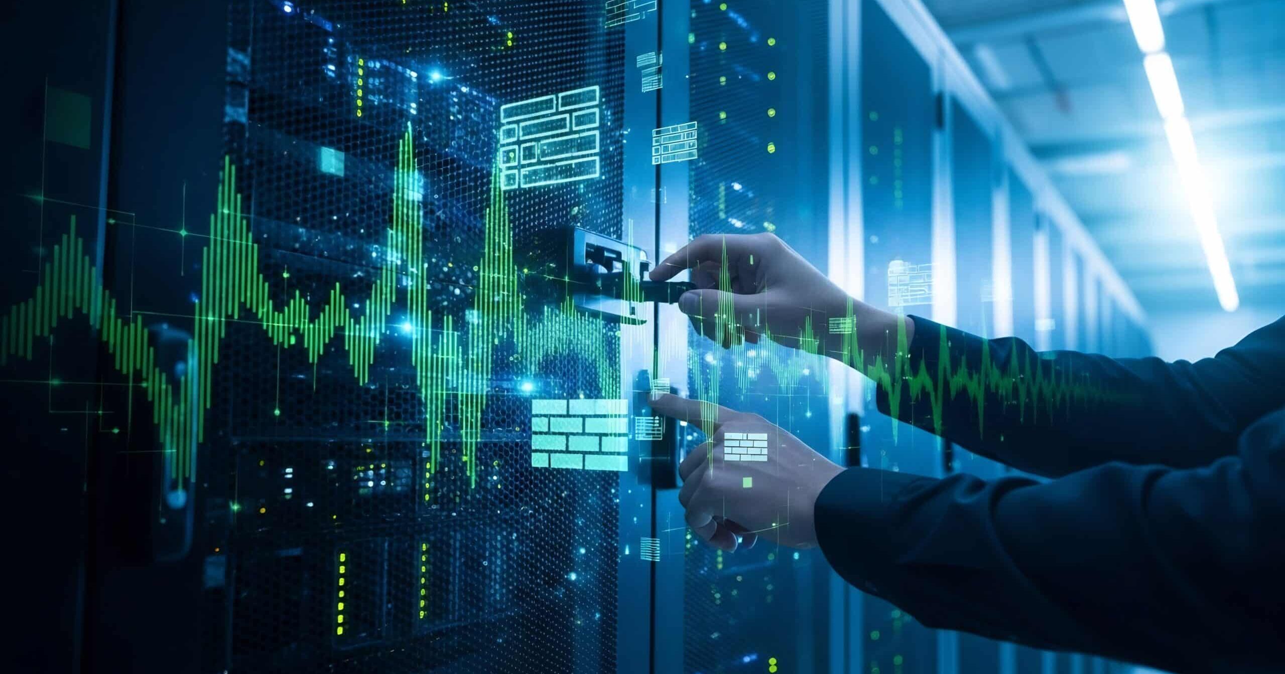 Data Center Technician Monitoring Server Performance with Network Graphs