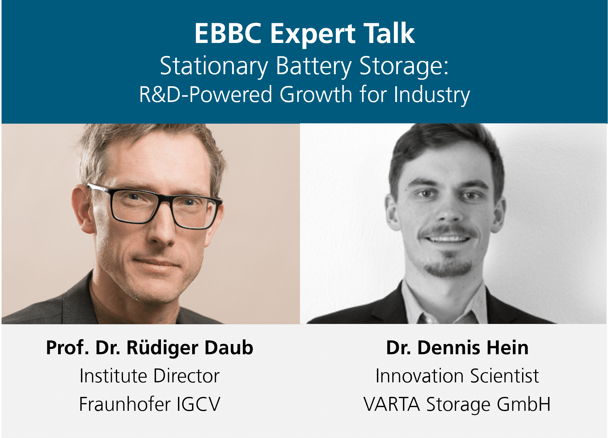 Promotional banner featuring two experts discussing stationary battery storage research and industry growth event talk.