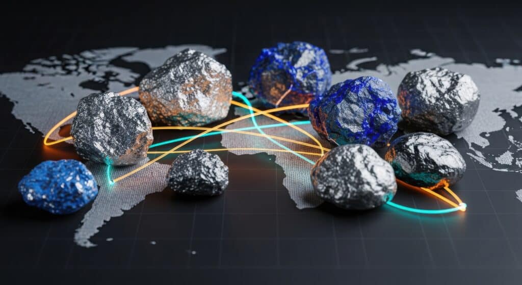 A conceptual image featuring raw lithium, cobalt, and nickel rocks placed on a world map with glowing trade route lines, symbolizing the global logistics and importance of minerals for electric vehicle batteries.