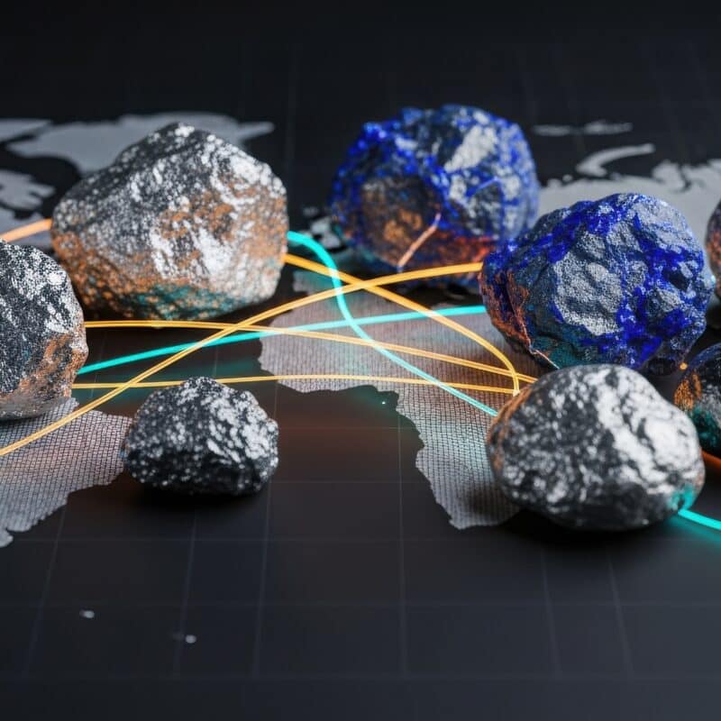 A conceptual image featuring raw lithium, cobalt, and nickel rocks placed on a world map with glowing trade route lines, symbolizing the global logistics and importance of minerals for electric vehicle batteries.