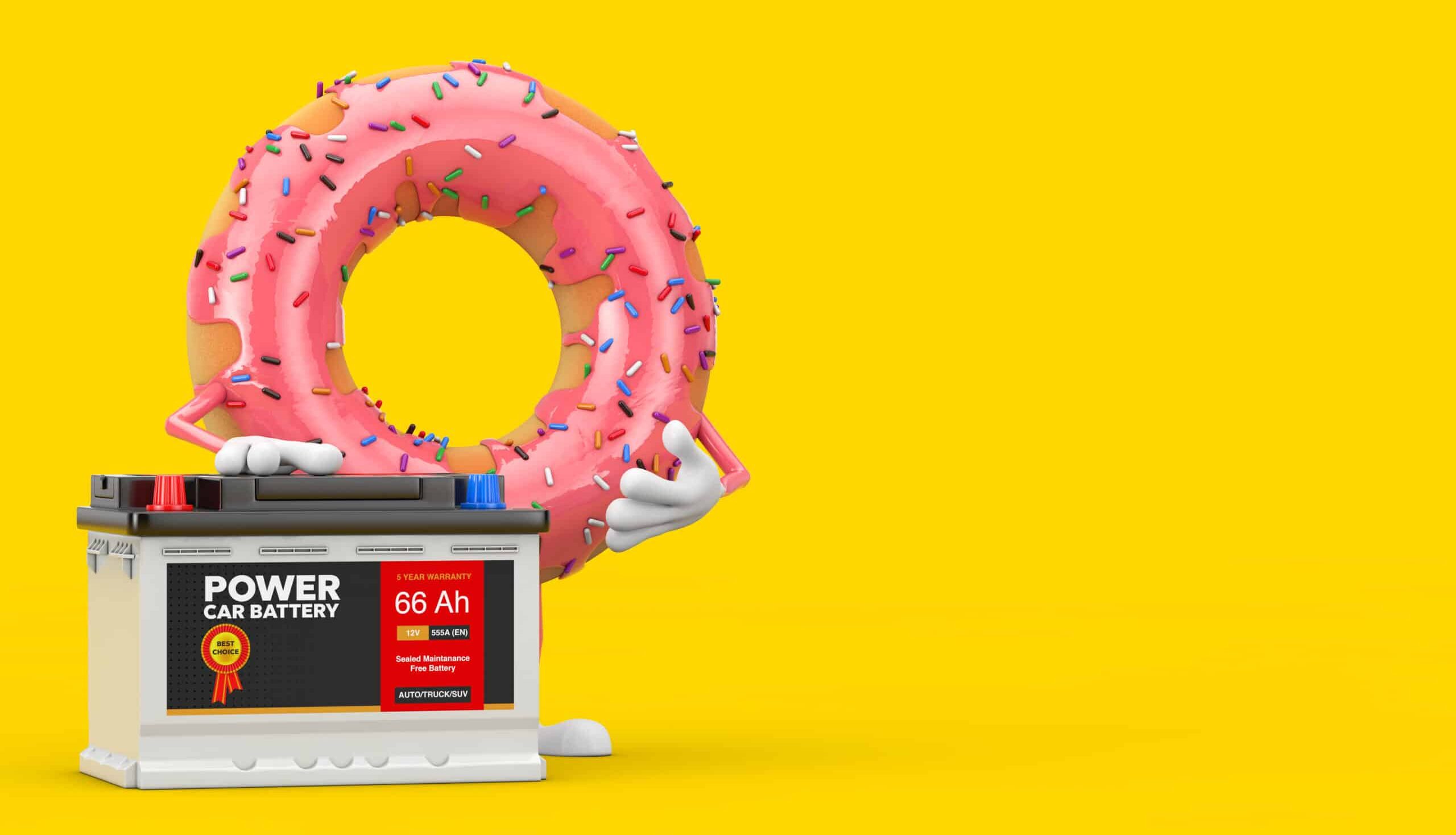 Big Strawberry Pink Glazed Donut Character Mascot and Rechargeable Car Battery 12V Accumulator with Abstract Label on a yellow background. 3d Rendering