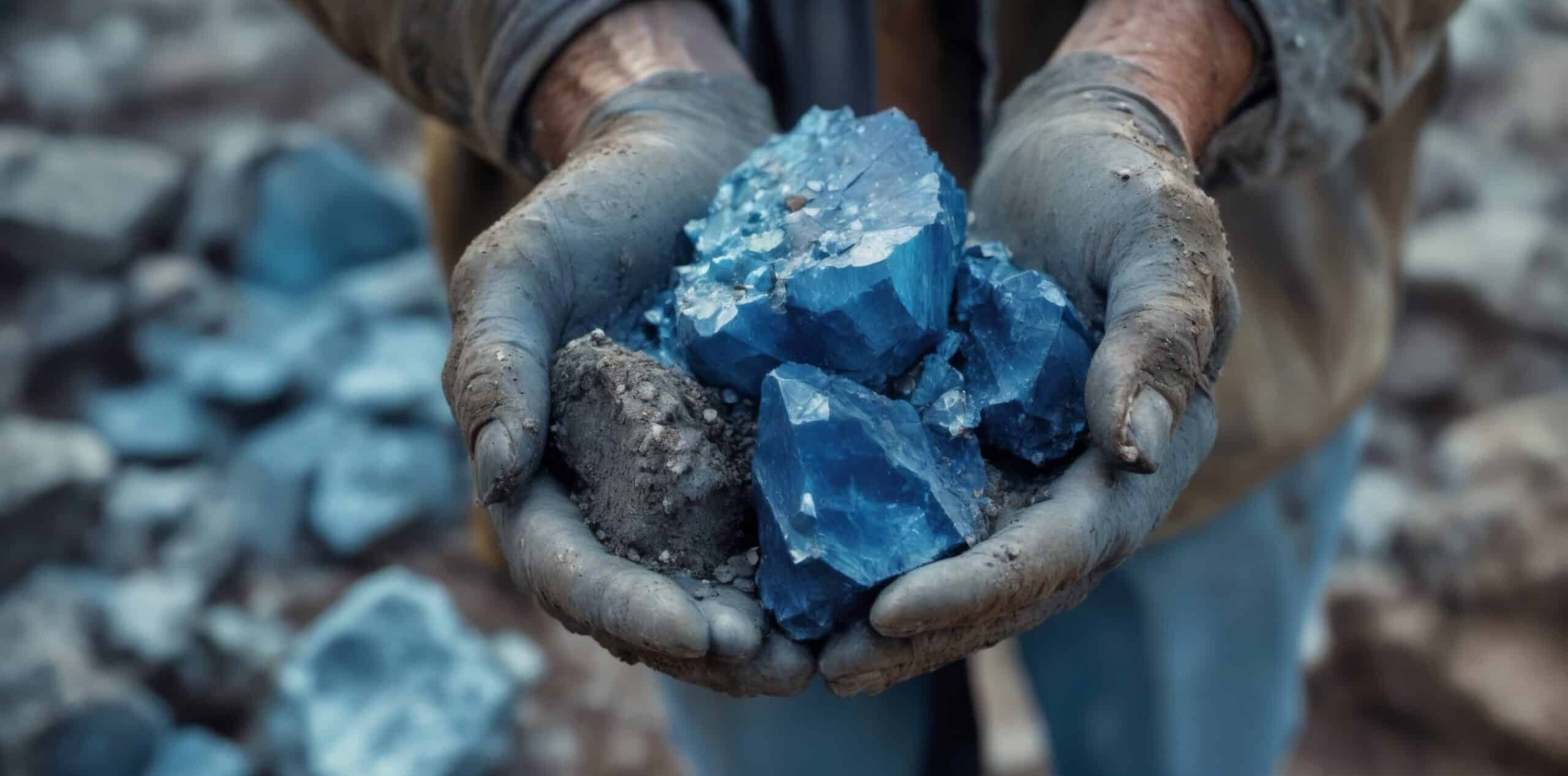 Pair hands holding large piece blue mineral are artisanal cobalt