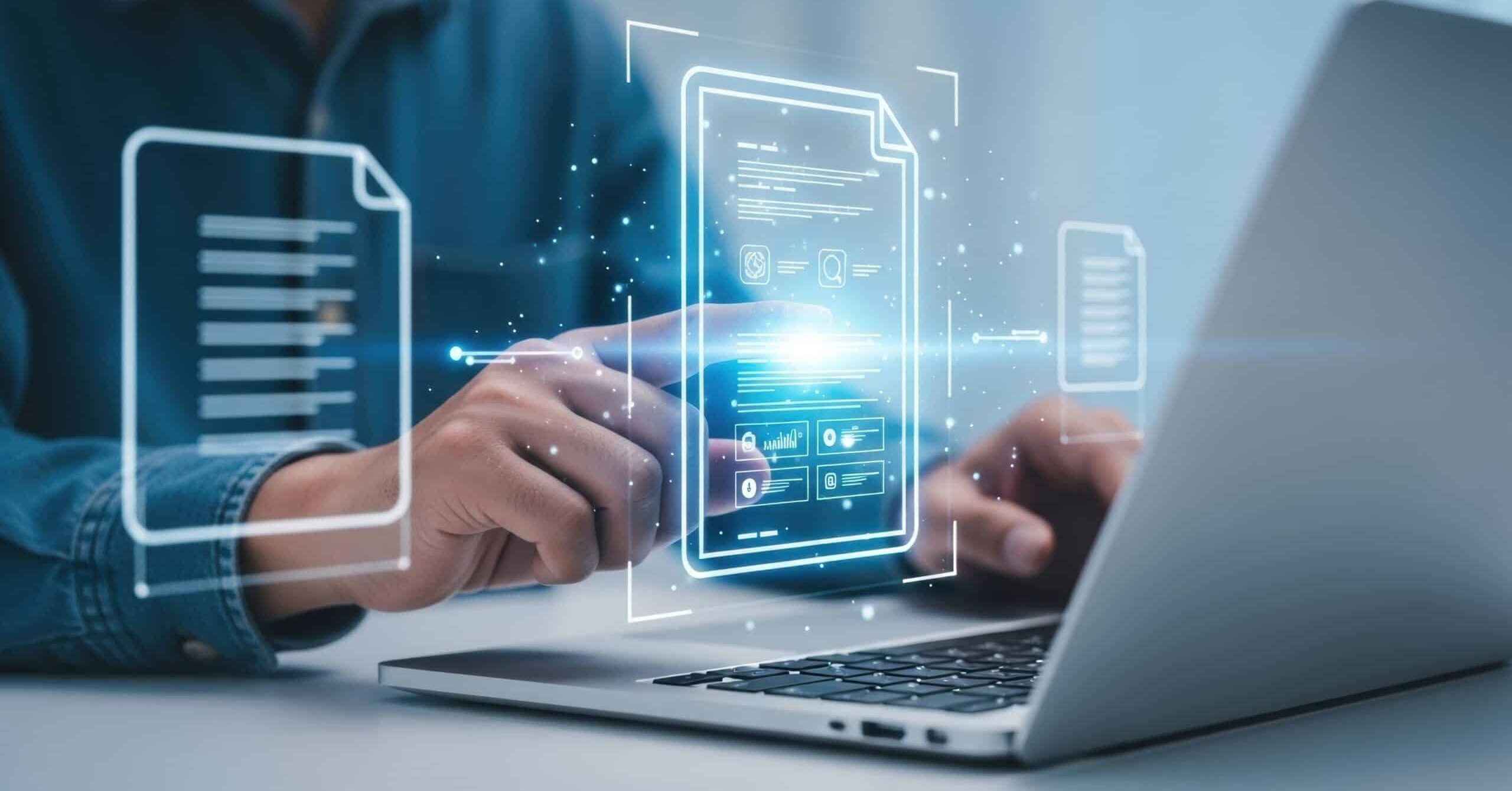 Man using laptop with digital document interface for document management and workflow automation system