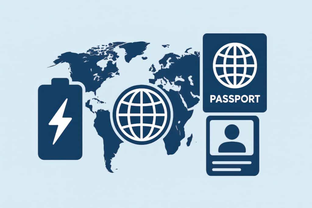 Global connectivity symbolized through digital travel essentials including passport, world map, and battery icon representing energy, innovation, and modern mobility solutions