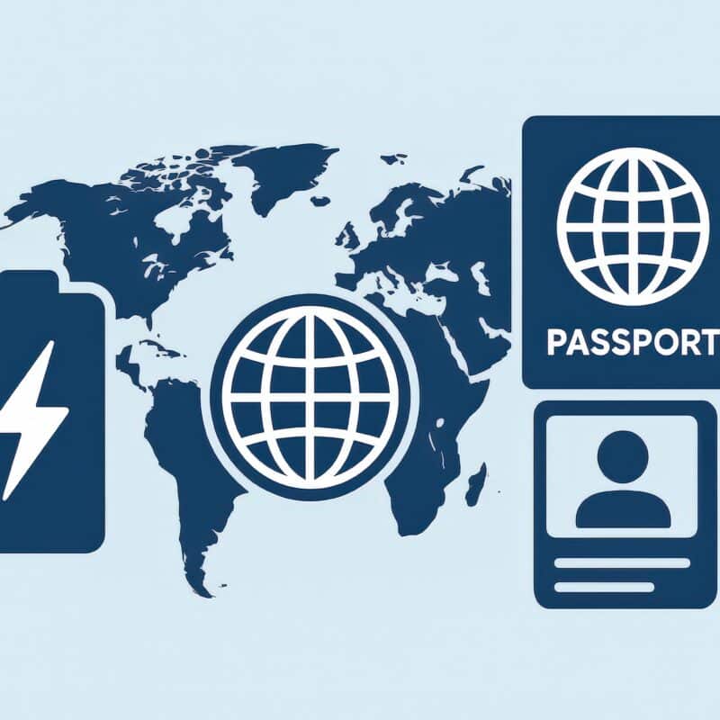 Global connectivity symbolized through digital travel essentials including passport, world map, and battery icon representing energy, innovation, and modern mobility solutions