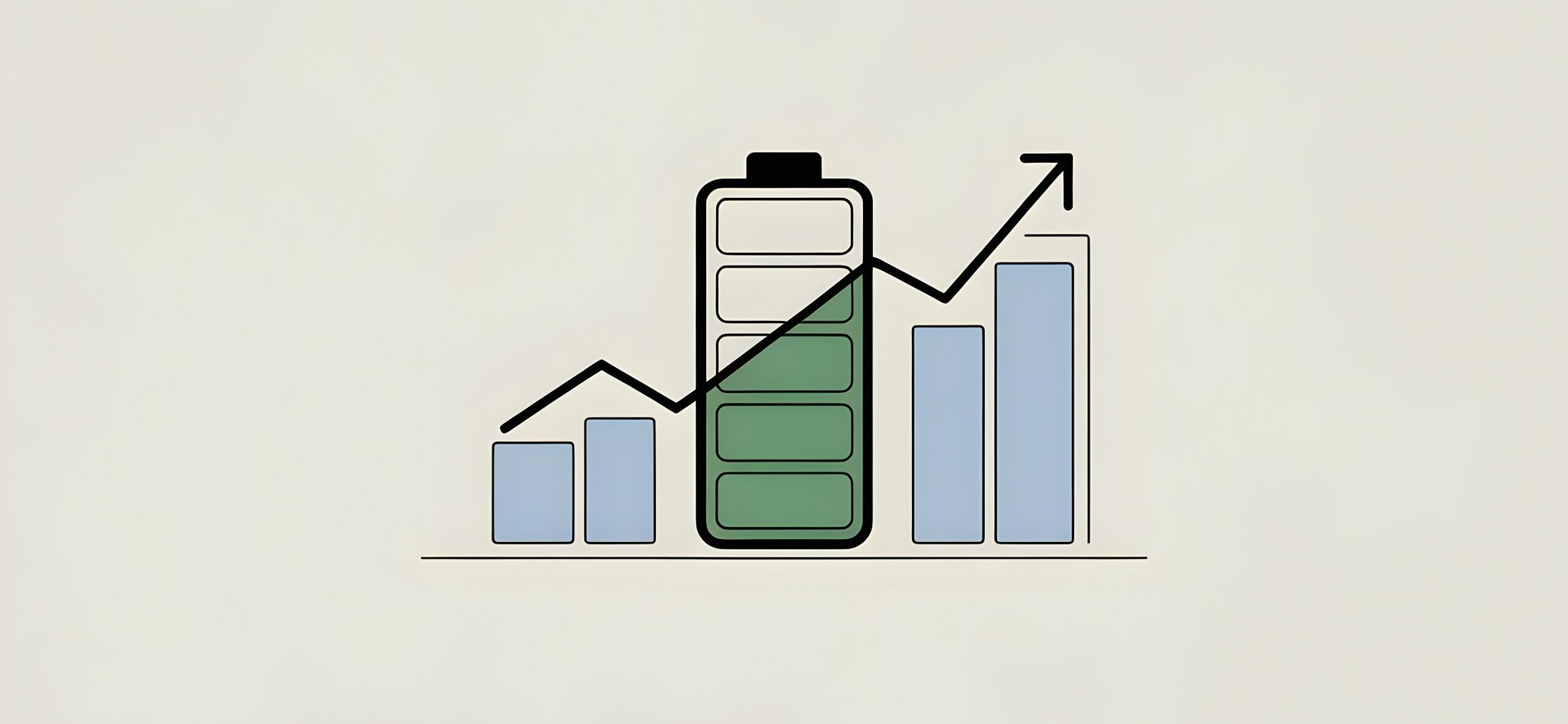 Smartphone with battery icon overlaid on rising bar chart and upward arrow symbolizing battery market growth and demand for battery technology.