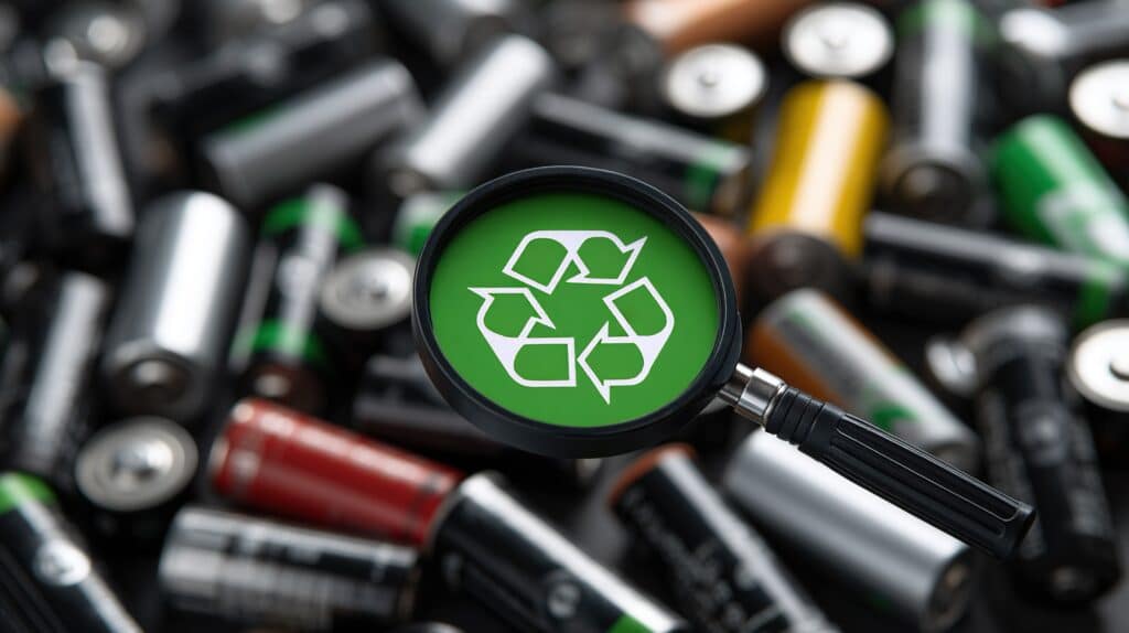 Close-up of used batteries with digital recycle symbol highlighted by magnifying glass, eco-friendly recycling process, green energy, circular economy