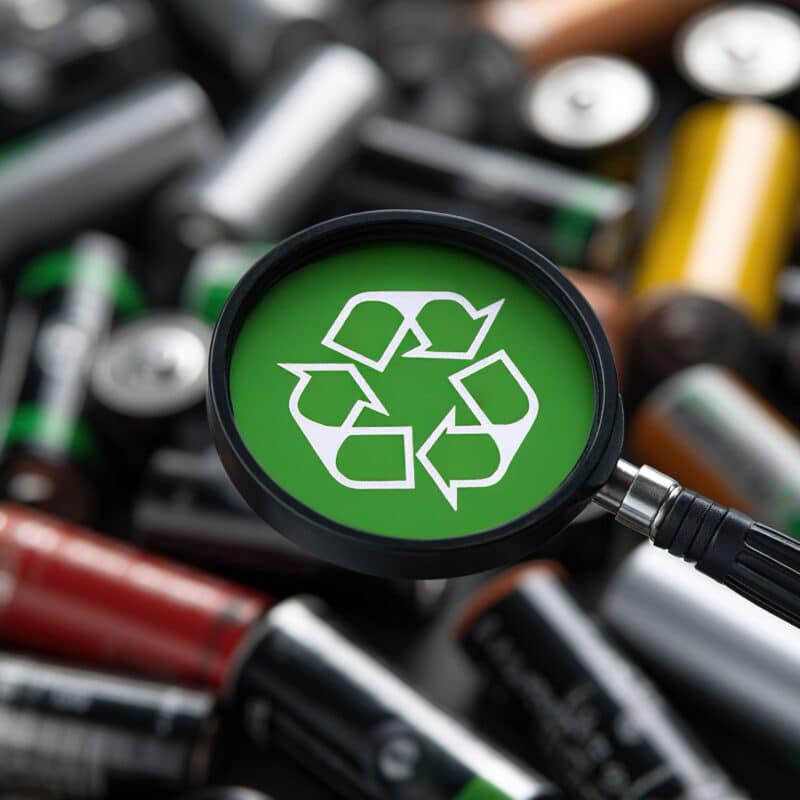 Close-up of used batteries with digital recycle symbol highlighted by magnifying glass, eco-friendly recycling process, green energy, circular economy